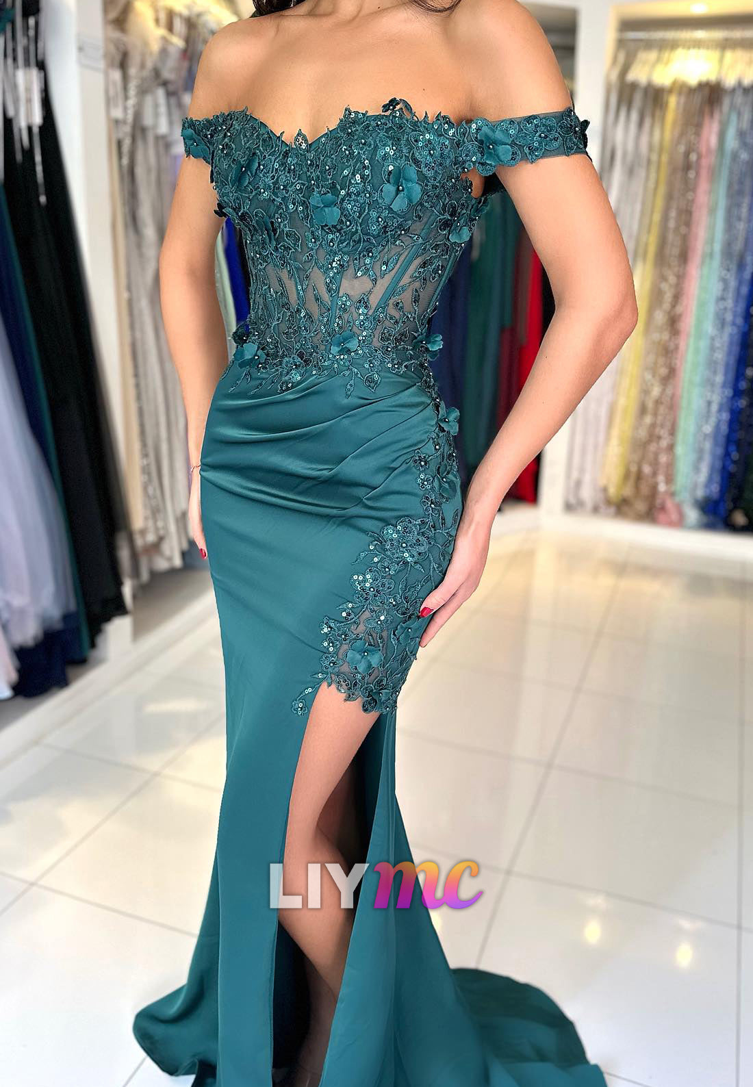 Off-Shoulder Lace Appliques Side Slit Mermaid Prom Dress
