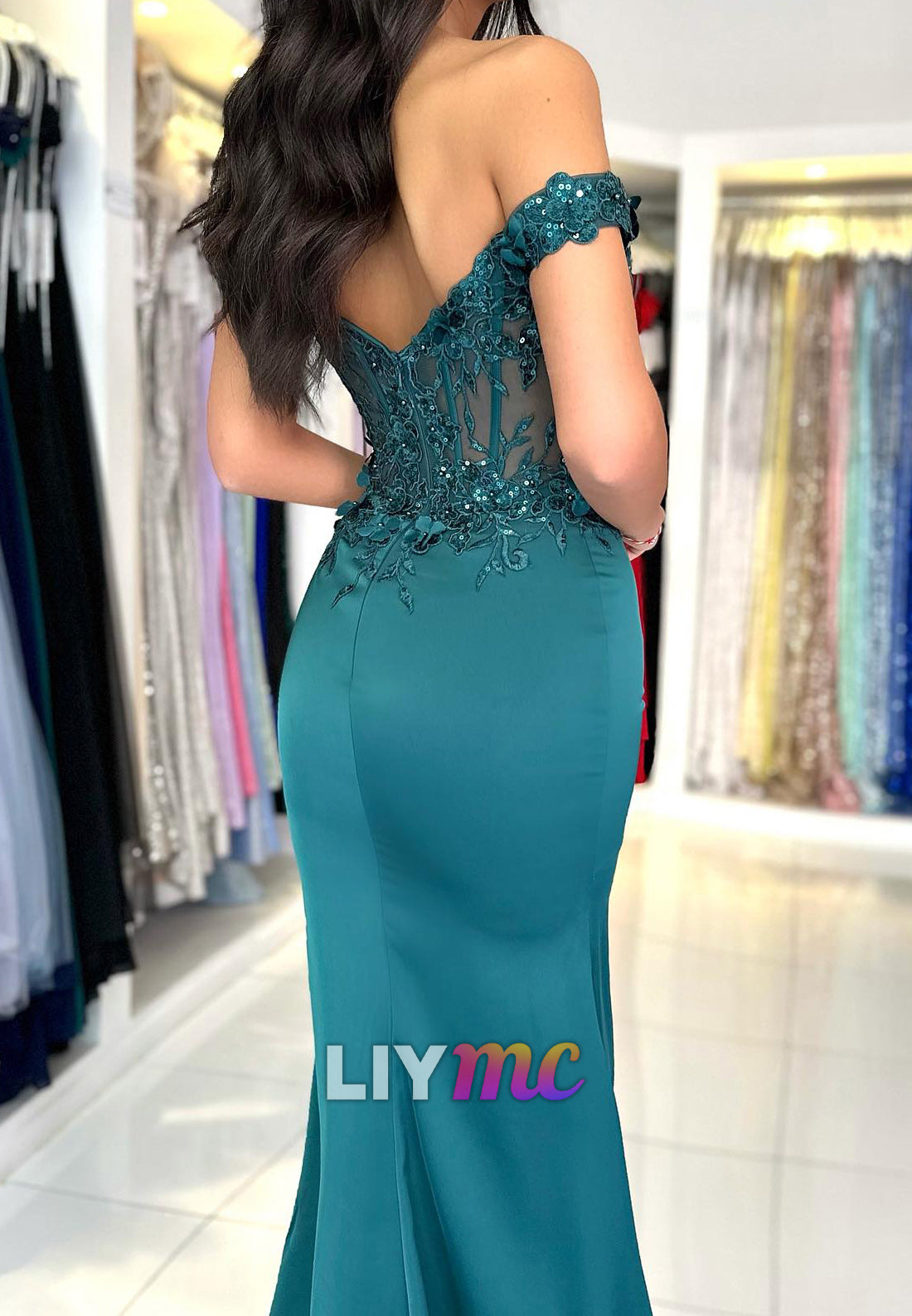 Off-Shoulder Lace Appliques Side Slit Mermaid Prom Dress