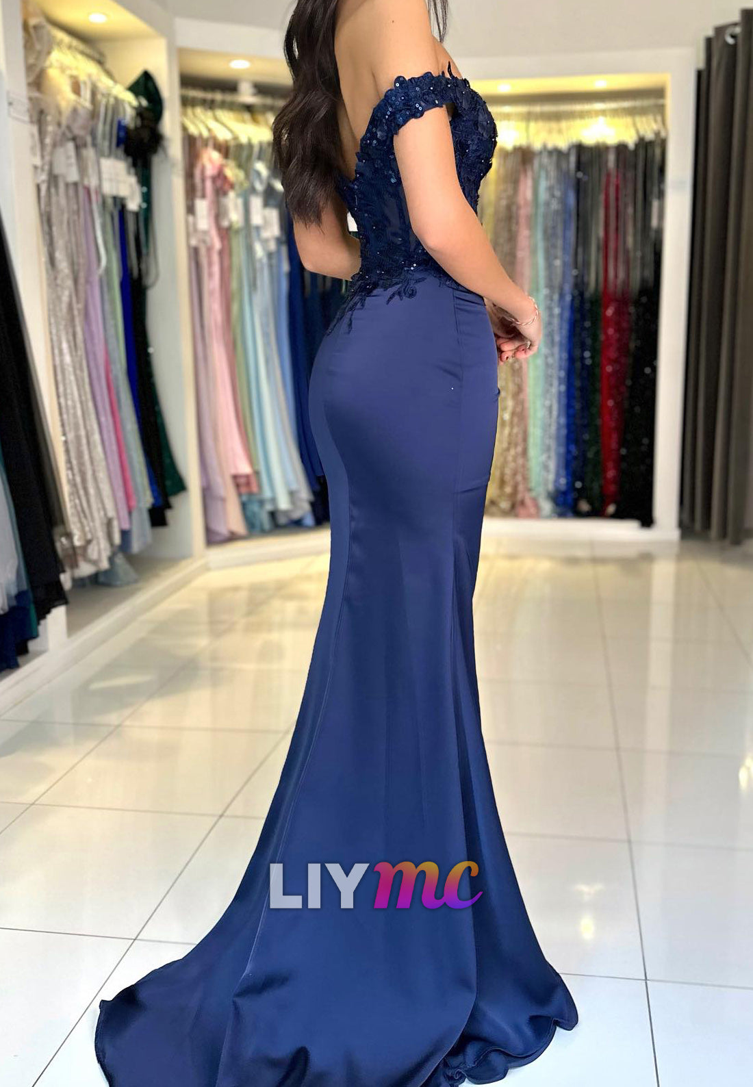 Off-Shoulder Lace Appliques Side Slit Mermaid Prom Dress