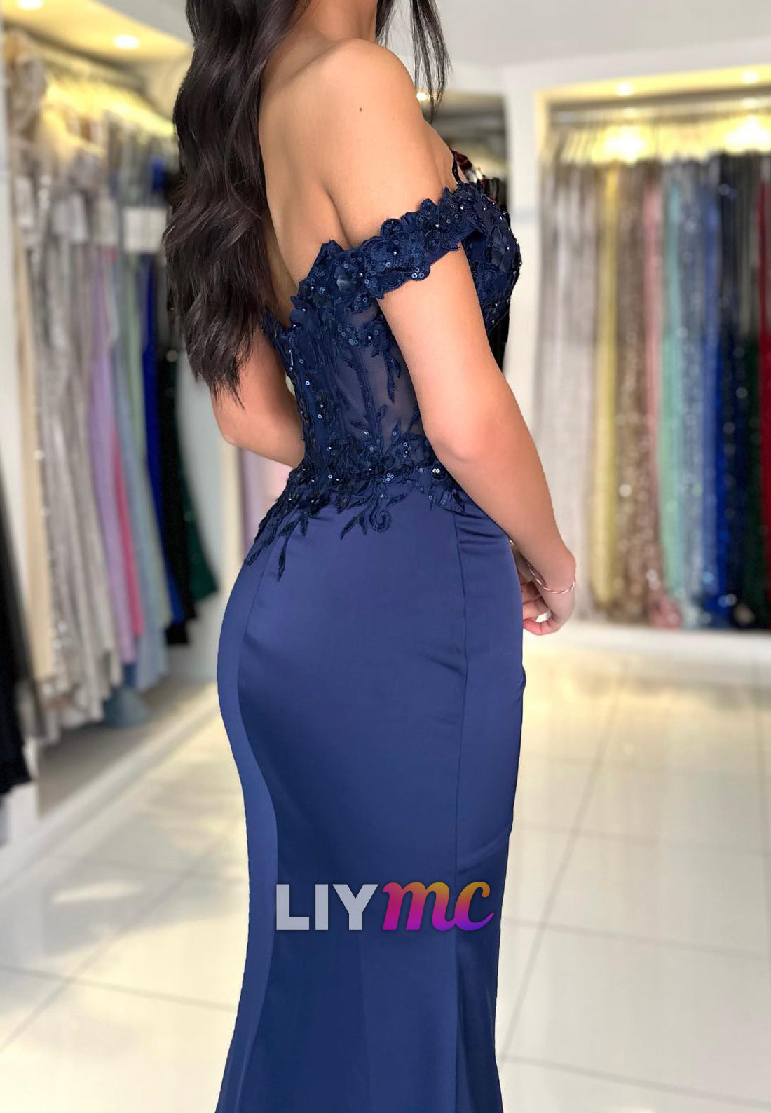 Off-Shoulder Lace Appliques Side Slit Mermaid Prom Dress