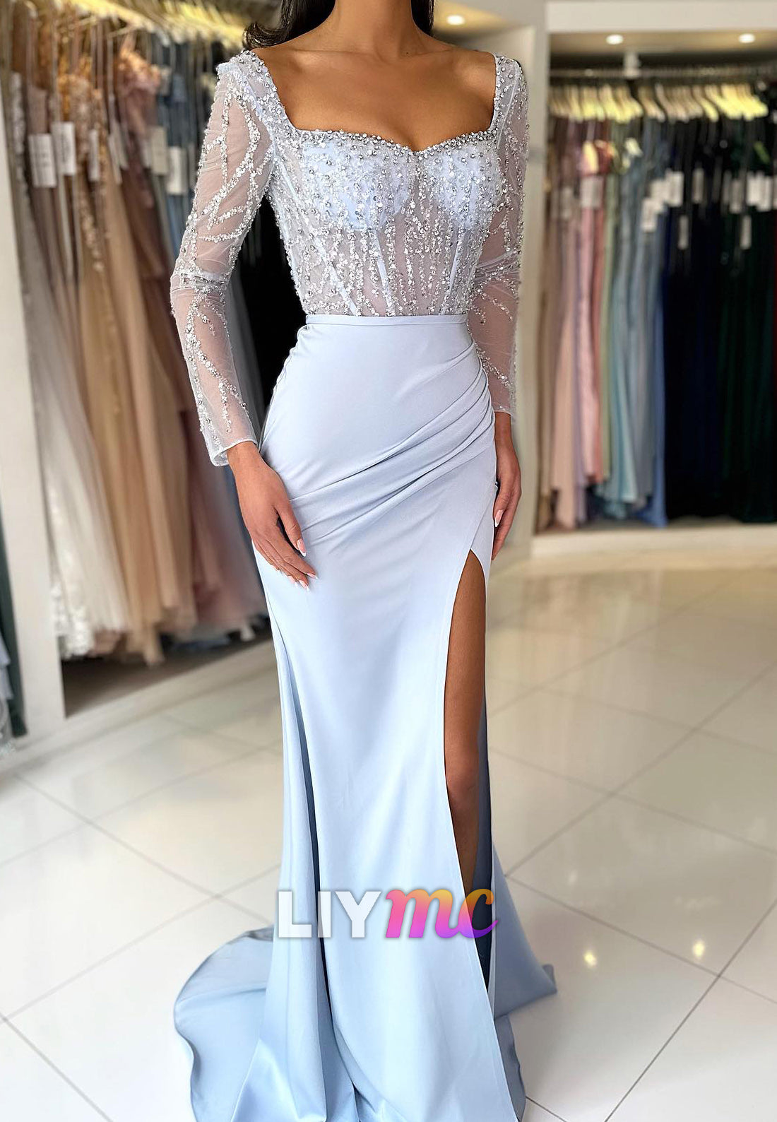 Scoop Long Sleeves Beaded Sequins Pleated Mermaid Prom Dress