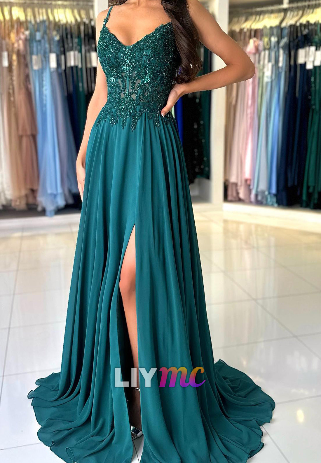 V-Neck Spaghetti Straps Appliques Beaded Pleated A-Line Prom Dress