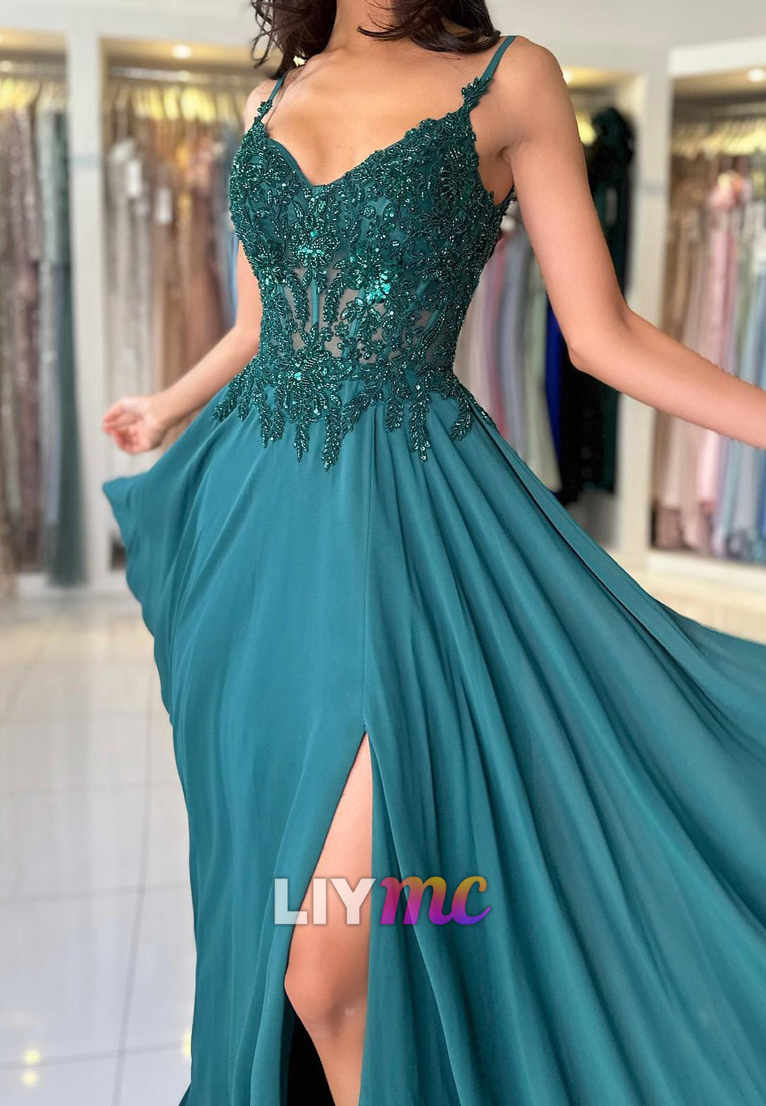 V-Neck Spaghetti Straps Appliques Beaded Pleated A-Line Prom Dress