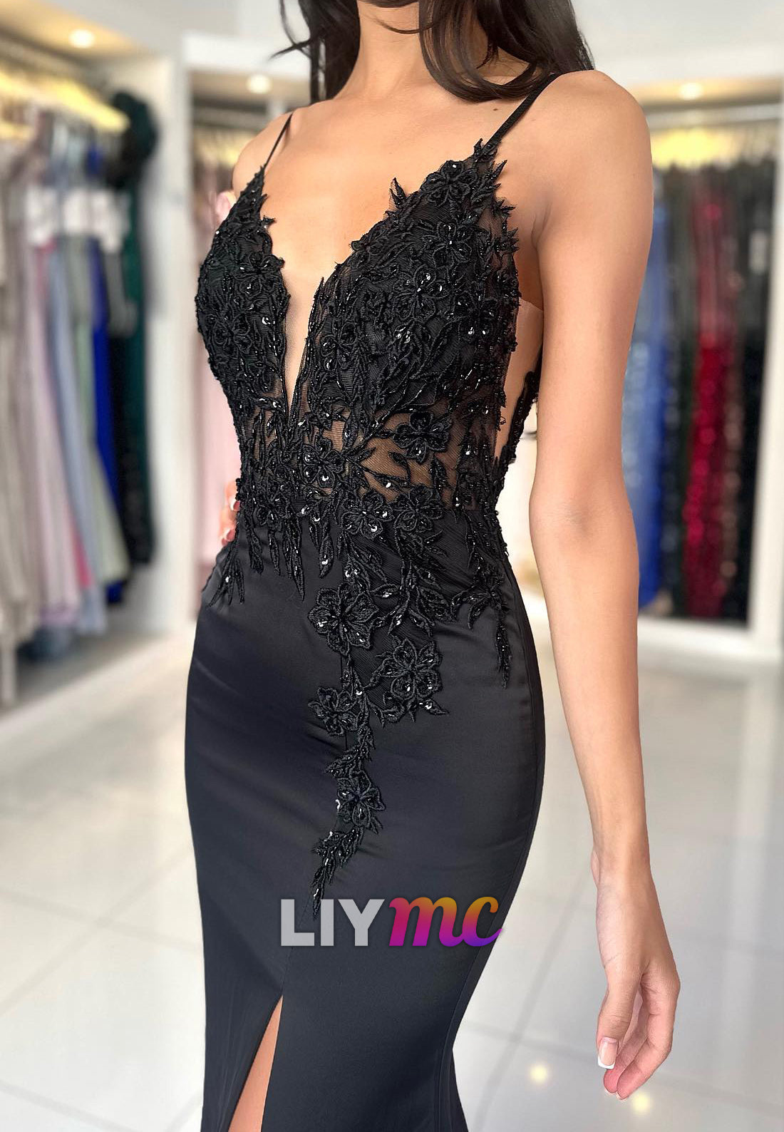 V-Neck Spaghetti Straps Lace Appliquess Sleek Mermaid Prom Dress
