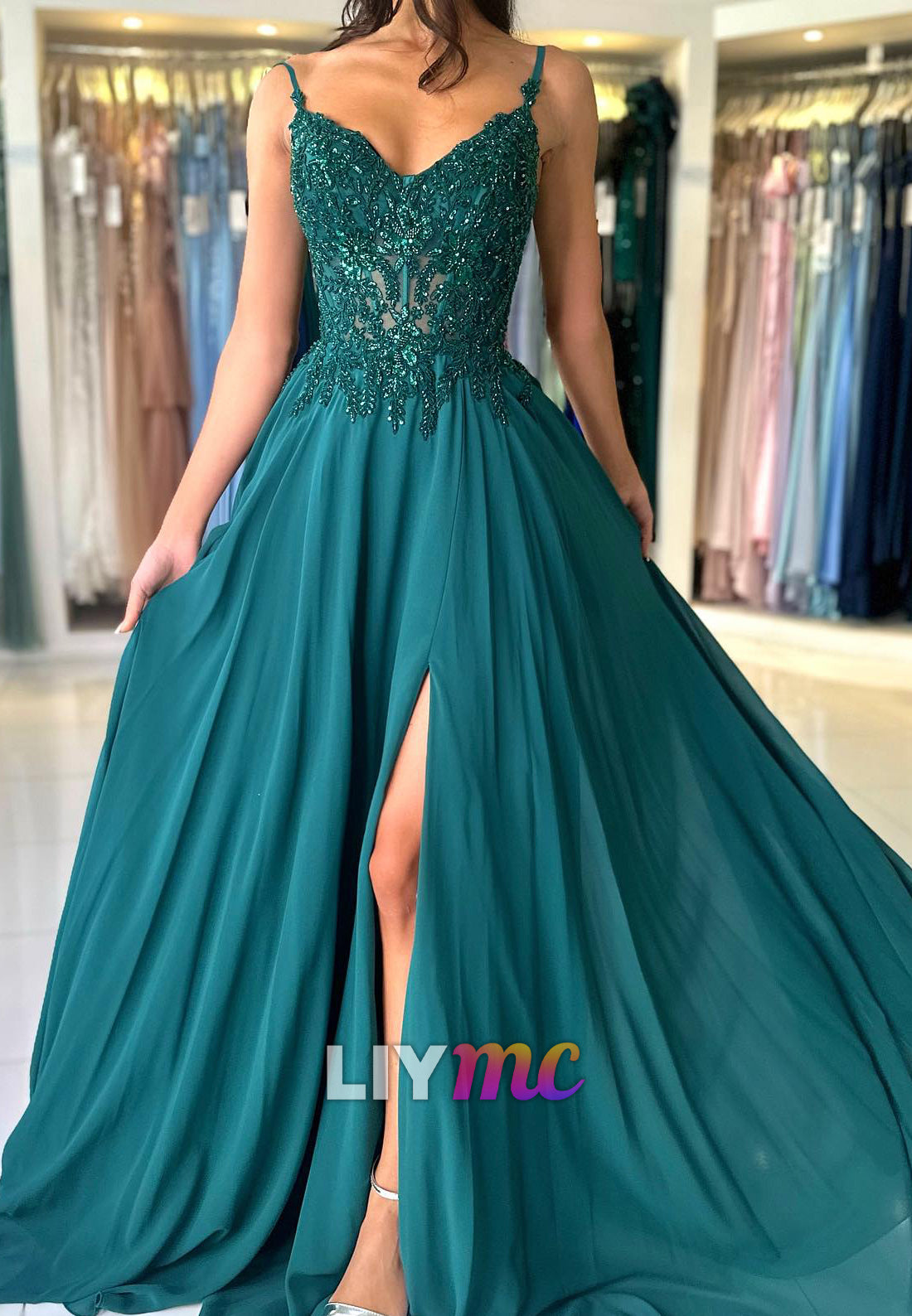V-Neck Spaghetti Straps Appliques Beaded Pleated A-Line Prom Dress