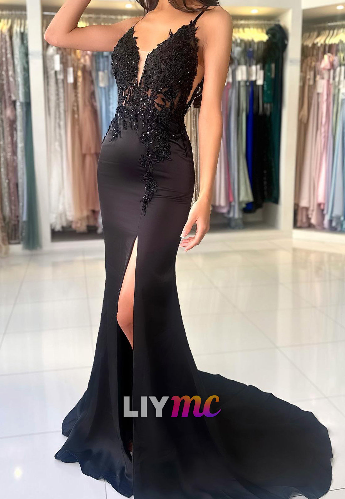 V-Neck Spaghetti Straps Lace Appliquess Sleek Mermaid Prom Dress