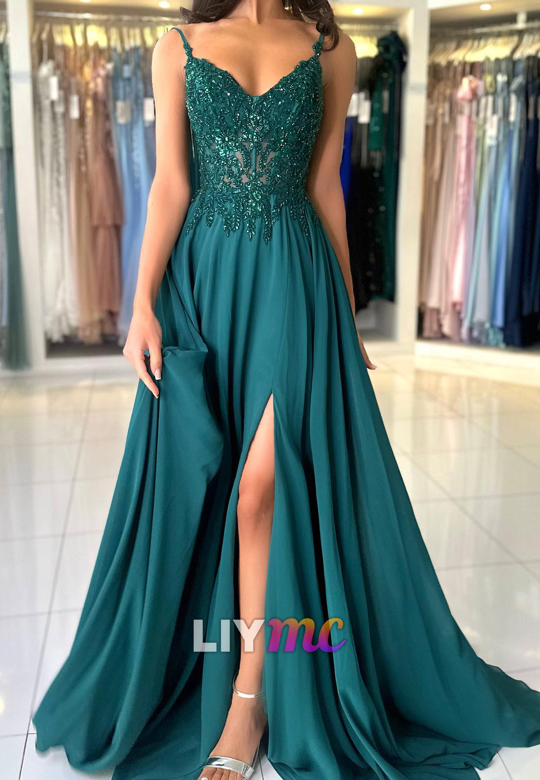 V-Neck Spaghetti Straps Appliques Beaded Pleated A-Line Prom Dress