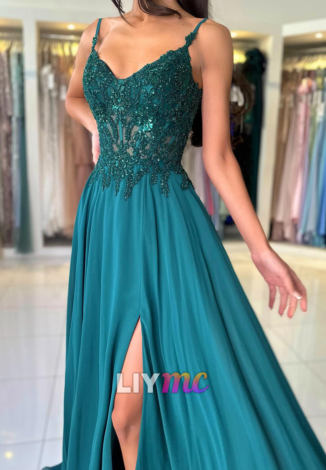 V-Neck Spaghetti Straps Appliques Beaded Pleated A-Line Prom Dress