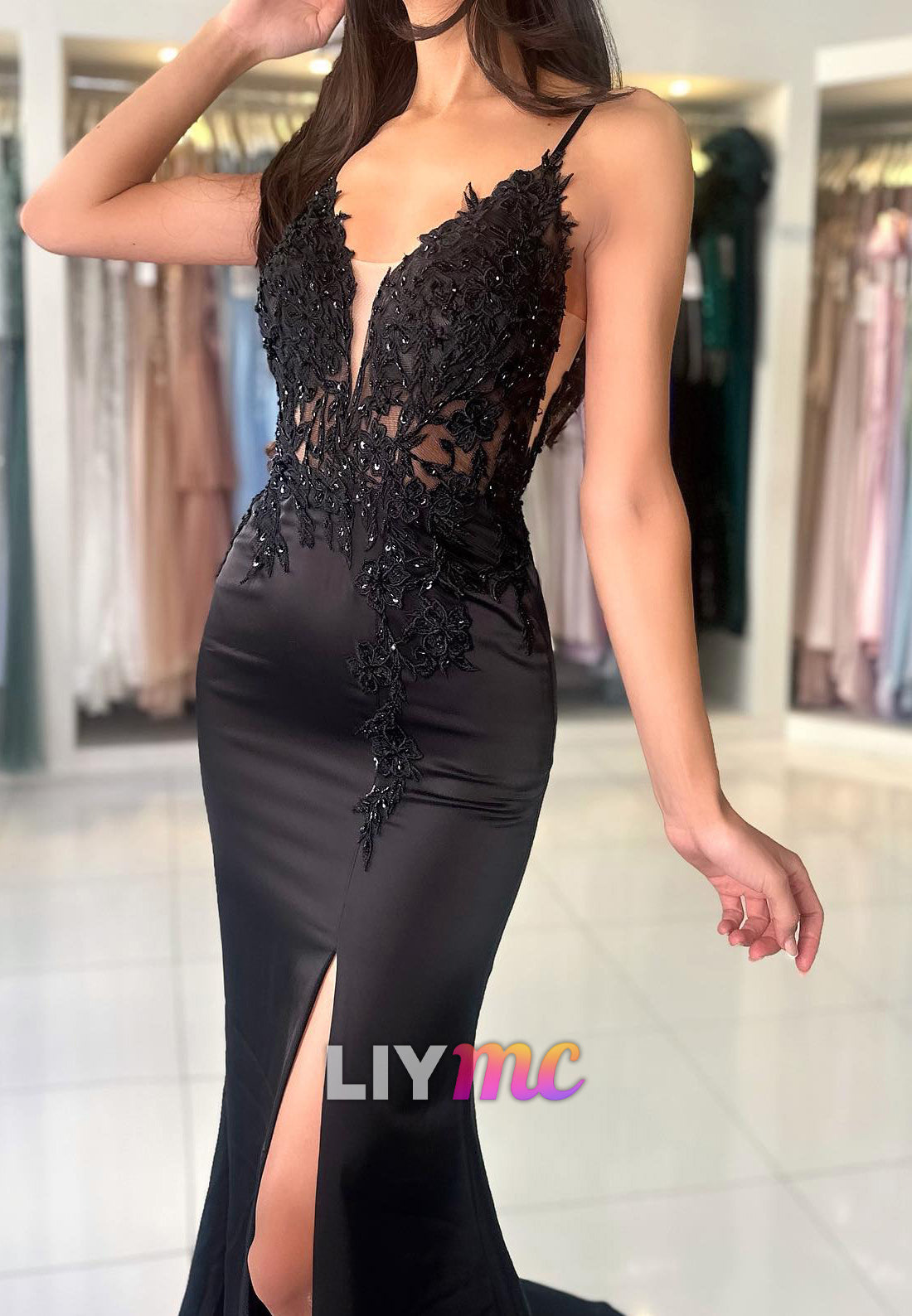V-Neck Spaghetti Straps Lace Appliquess Sleek Mermaid Prom Dress