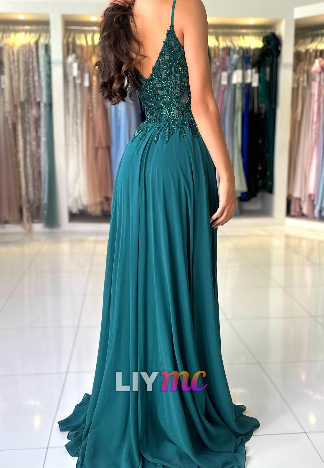 V-Neck Spaghetti Straps Appliques Beaded Pleated A-Line Prom Dress