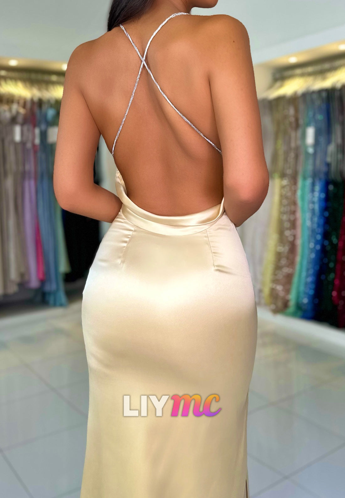 V-Neck Spaghetti Straps Open Back Sleek Mermaid Evening Dress