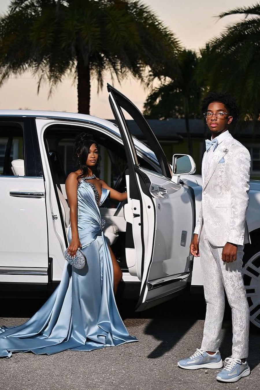 Dusty Blue One shoulder High Split Beaded Long Prom Dresses