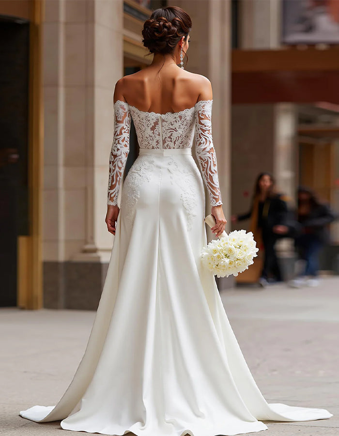 White Long Sleeve Applique Lace Bridal Jumpsuit