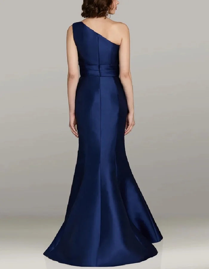 Elegant Navy Satin Mermaid Gown with One-Shoulder Sequin Appliqué