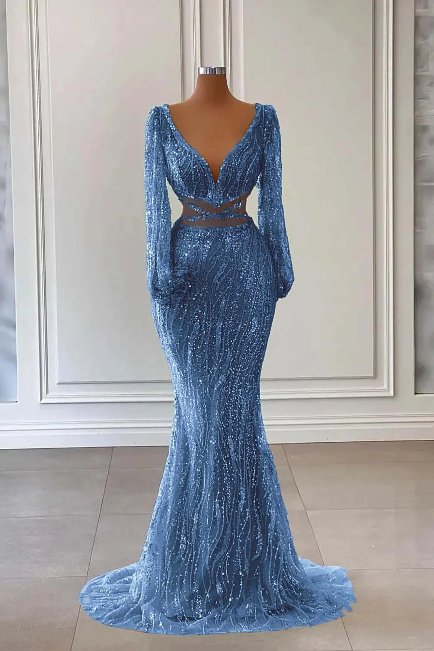 Light Green Long Sleeves V-Neck Mermaid Evening Dress With Sequins Beads