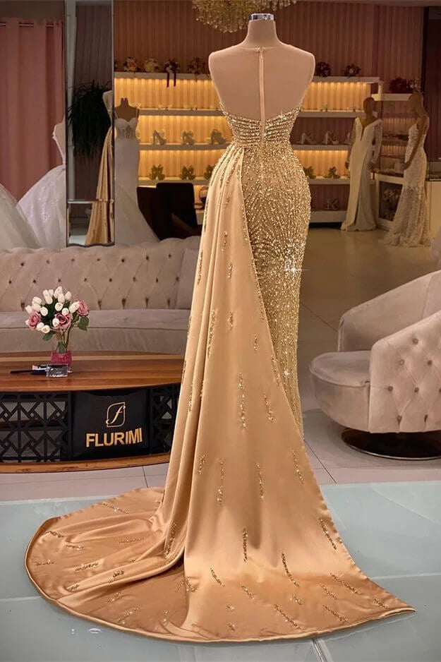 Stunning Gold Sweetheart Sleevelss Mermaid Beadings Evening Dress Ruffle With Rhinestone