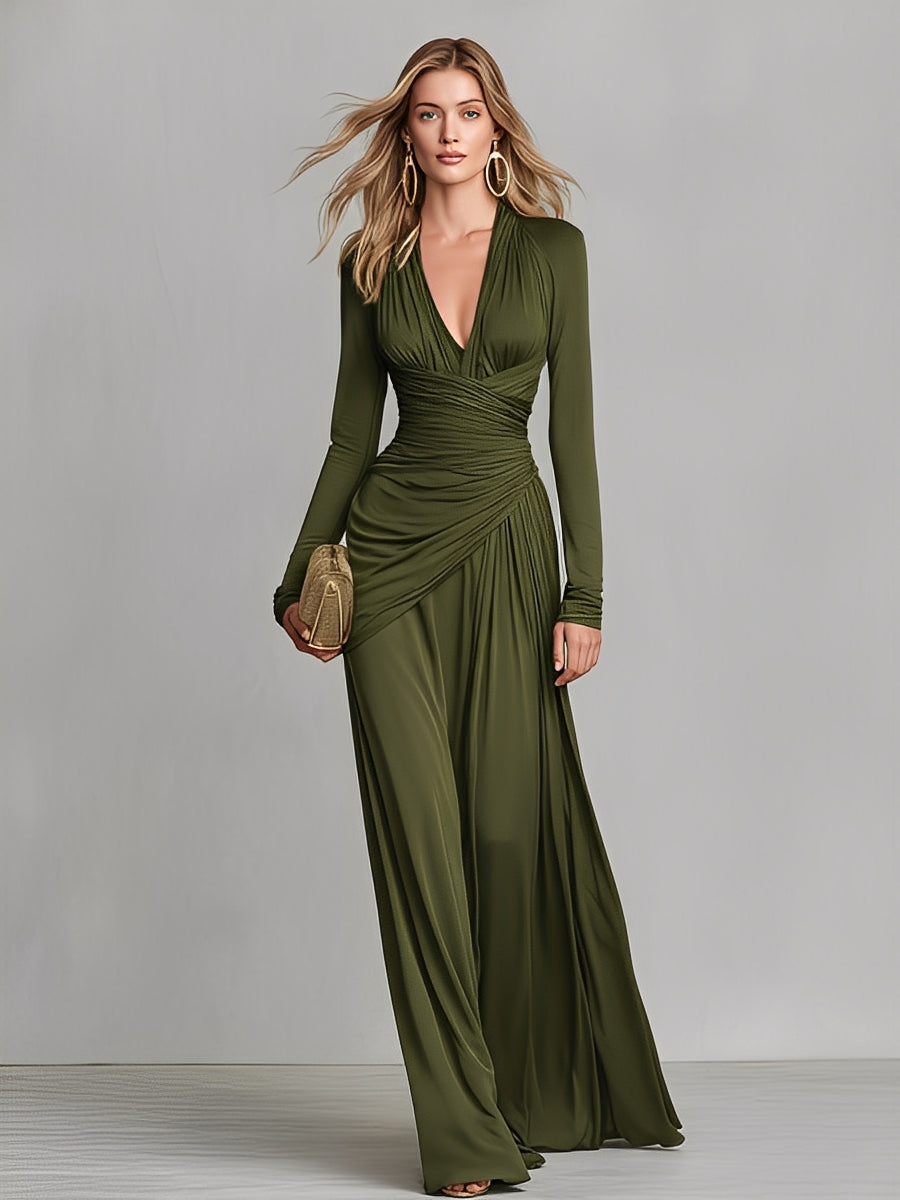 Women's Olive Green Stretchy Knit Dress With Deep V-Neck & Ruched Detail, Timeless Sleek-Glam Style Dress