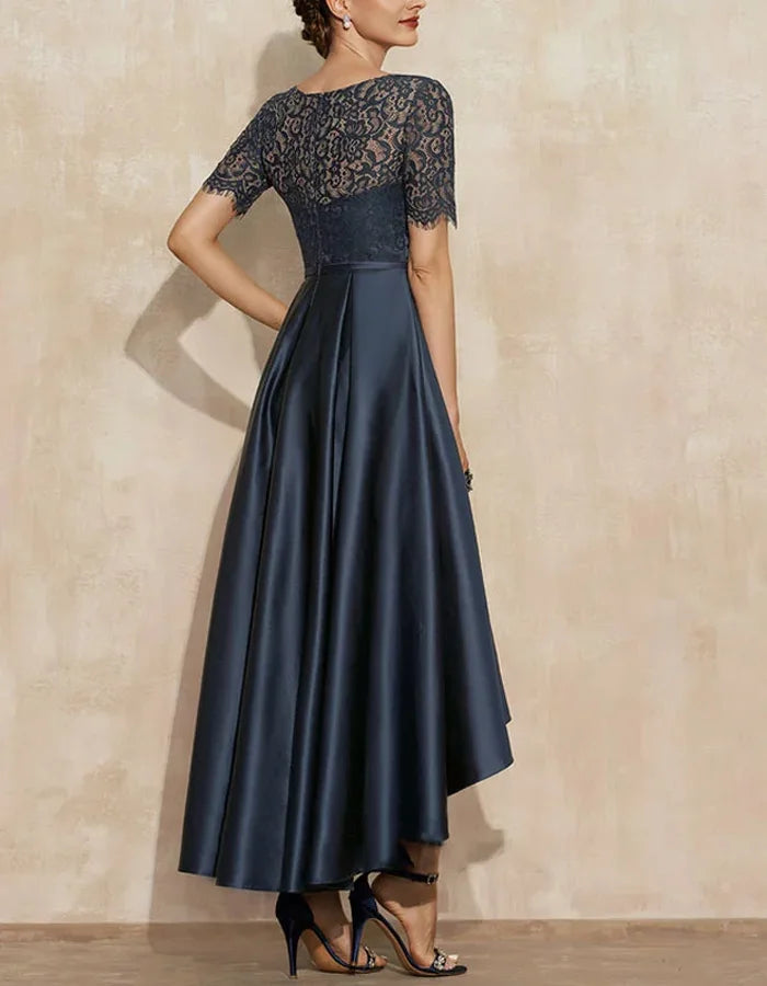 Lace Solid Color Round Neck Short Sleeves Midi Dress