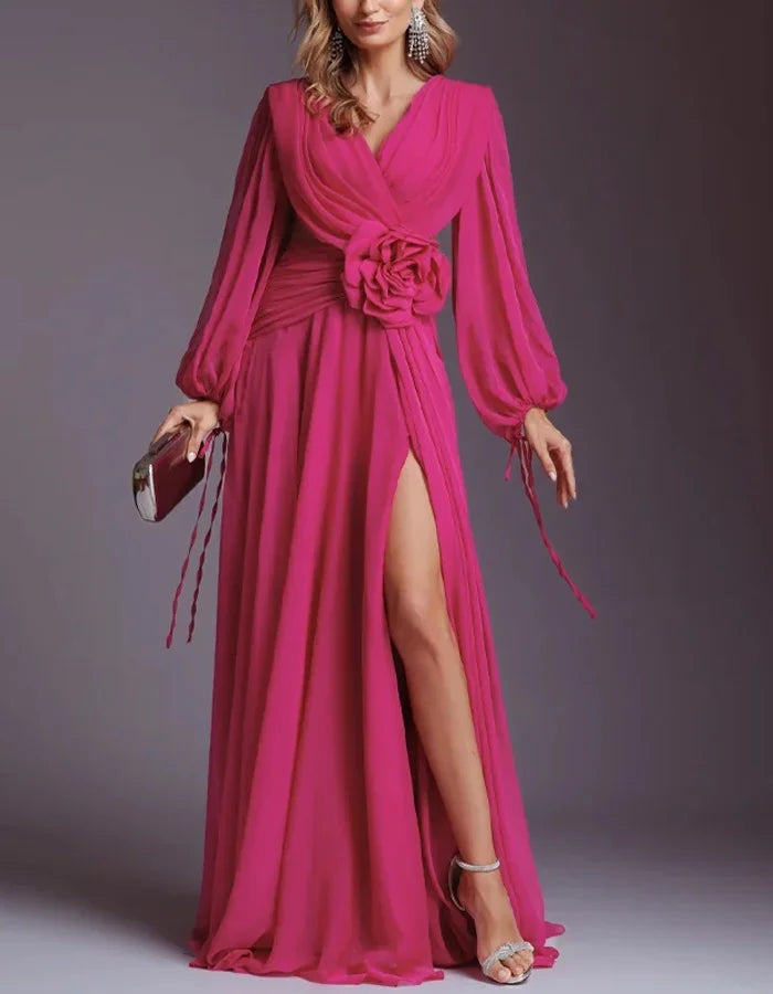 Elegant Chiffon Solid Color Long Sleeve Maxi Dress