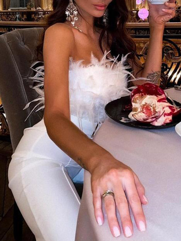 Feathersstrapless Embroidered Belted High Waisted Jumpsuit