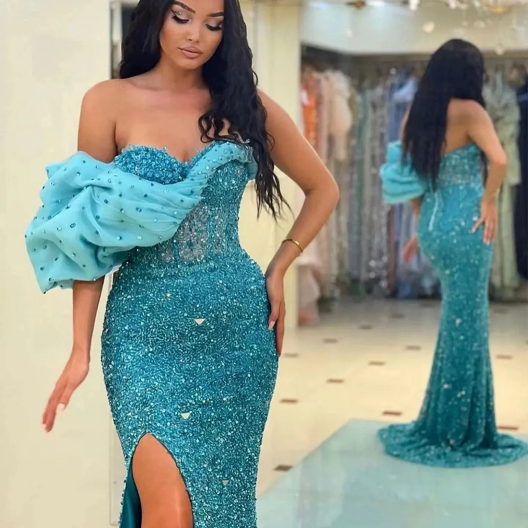 Gorgeous One Shoulder Sweetheart Mermaid Split Evening Dress With Sequins Off-The-Shoulder