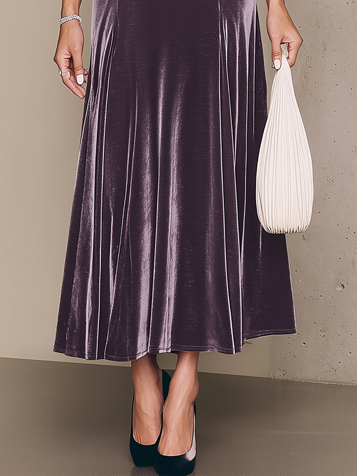 Elegant Purple Velvet Bow Strap Midi Dress