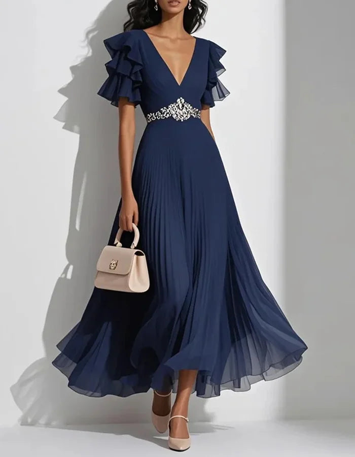 Chiffon Solid Color Lotus Leaf Sleeves Midi Dress