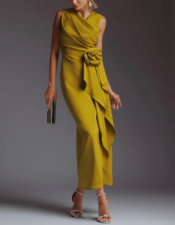 Sophisticated Satin Midi Dress with Draped Bodice and Floral Waist