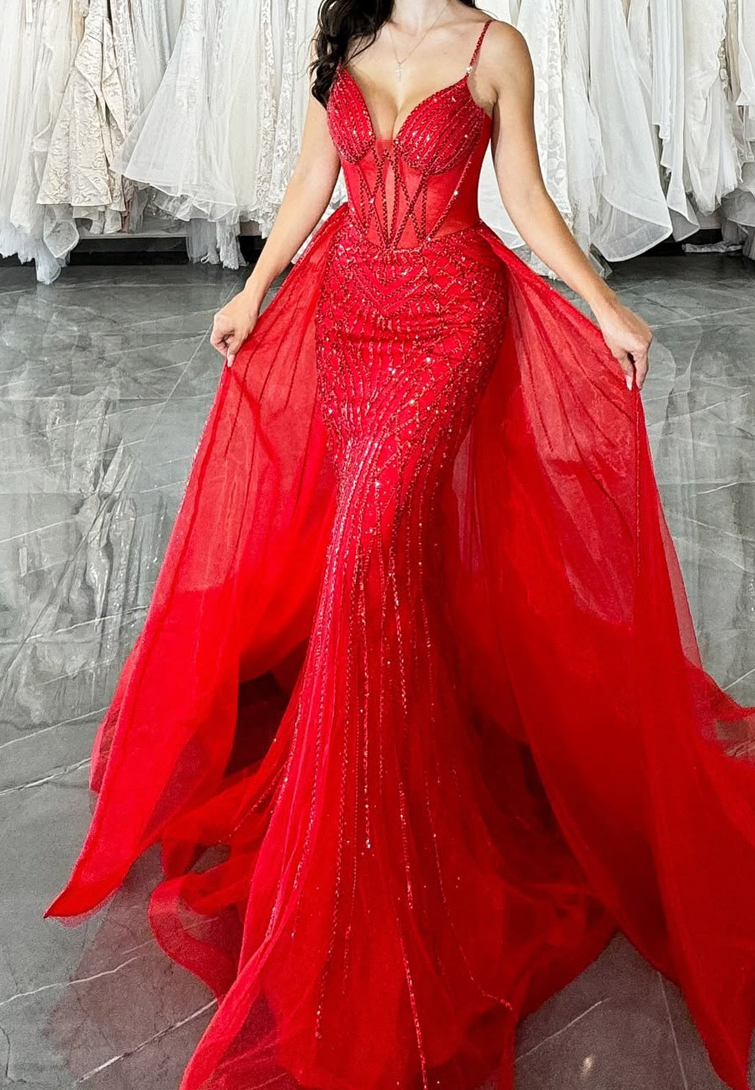 V-Neck Spaghetti Straps Beaded Mermaid Prom Dress