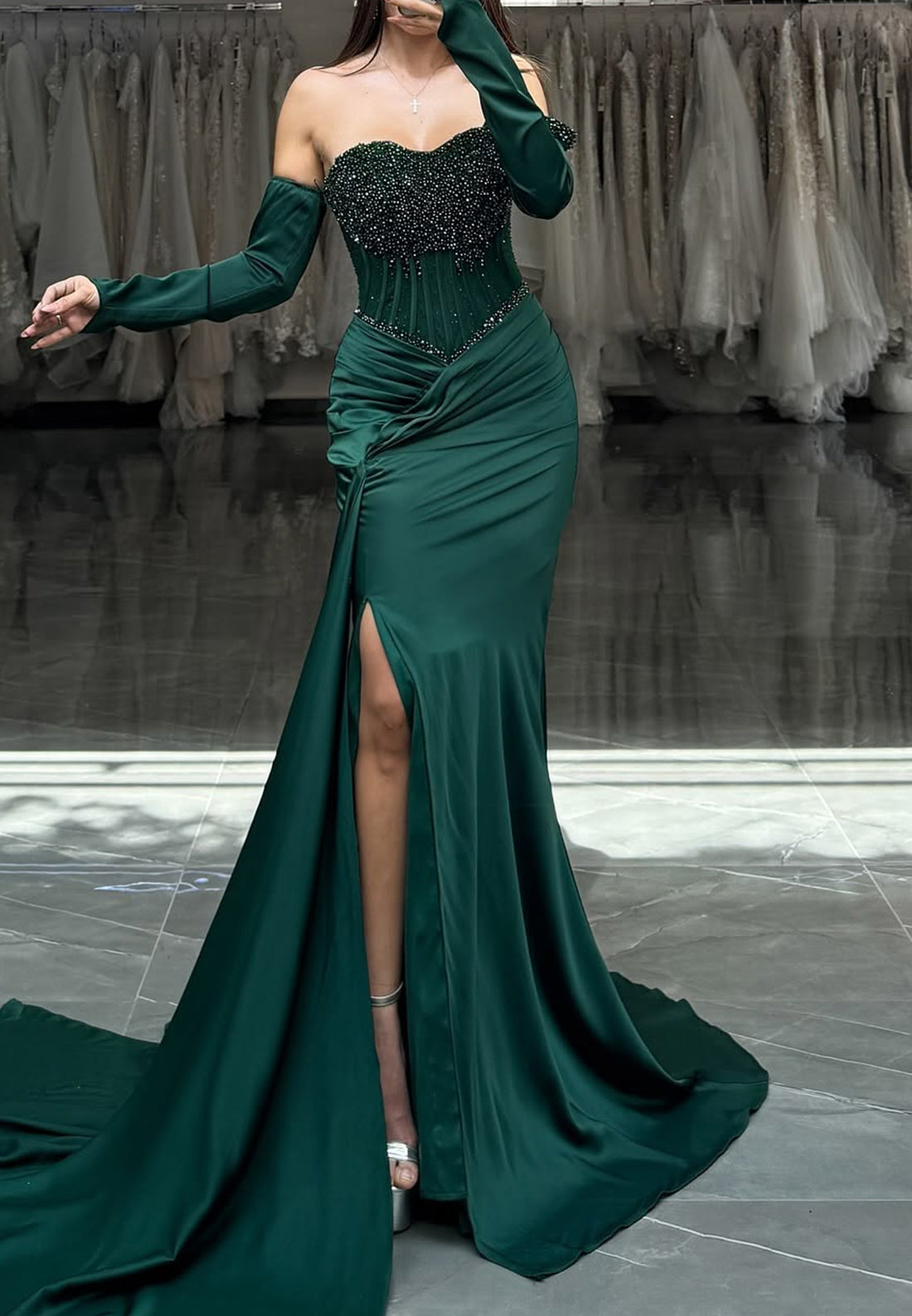 Off-Shoulder Sleeveless Beaded Ruched Fitted Mermaid Prom Dress