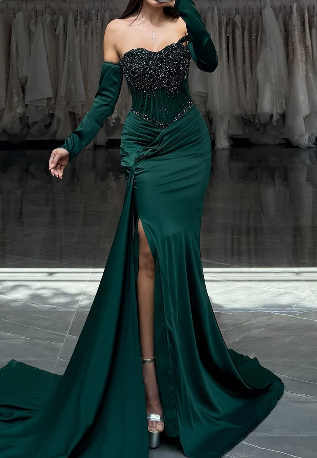 Off-Shoulder Sleeveless Beaded Ruched Fitted Mermaid Prom Dress