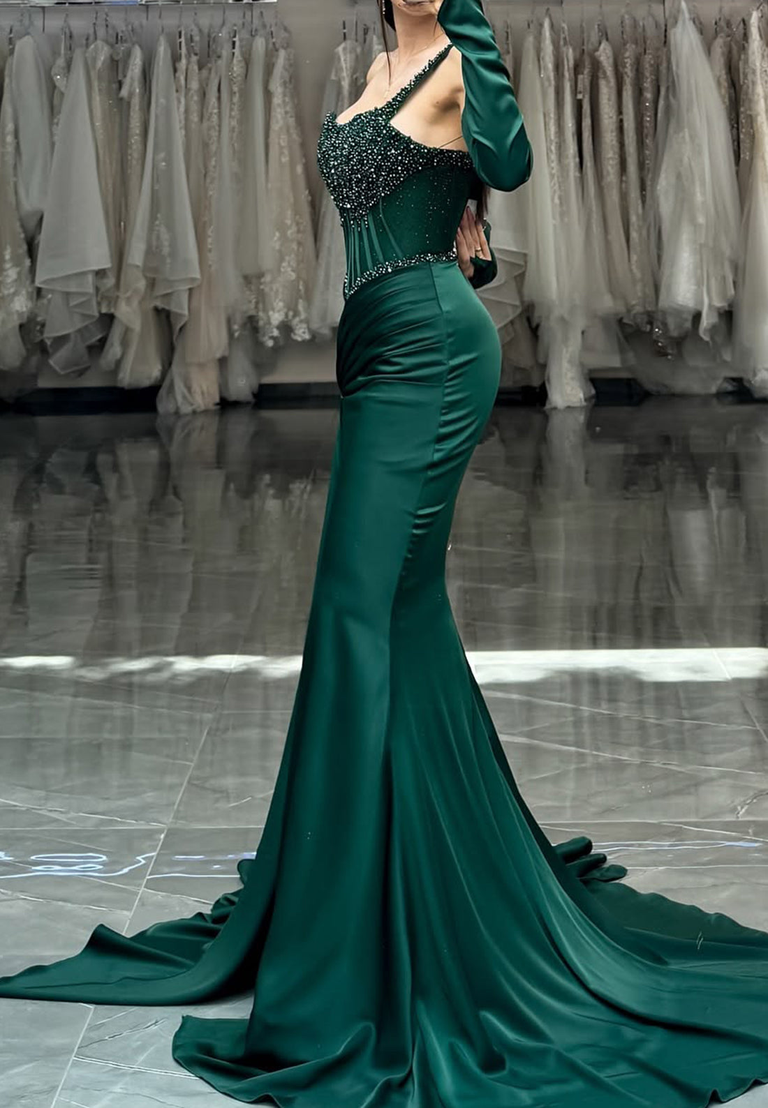 Off-Shoulder Sleeveless Beaded Ruched Fitted Mermaid Prom Dress