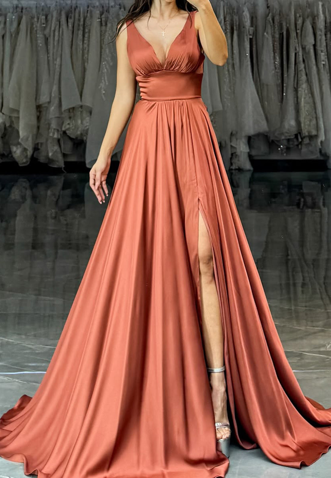 V-Neck Sleeveless Pleated High Slit A-Line Prom Dress