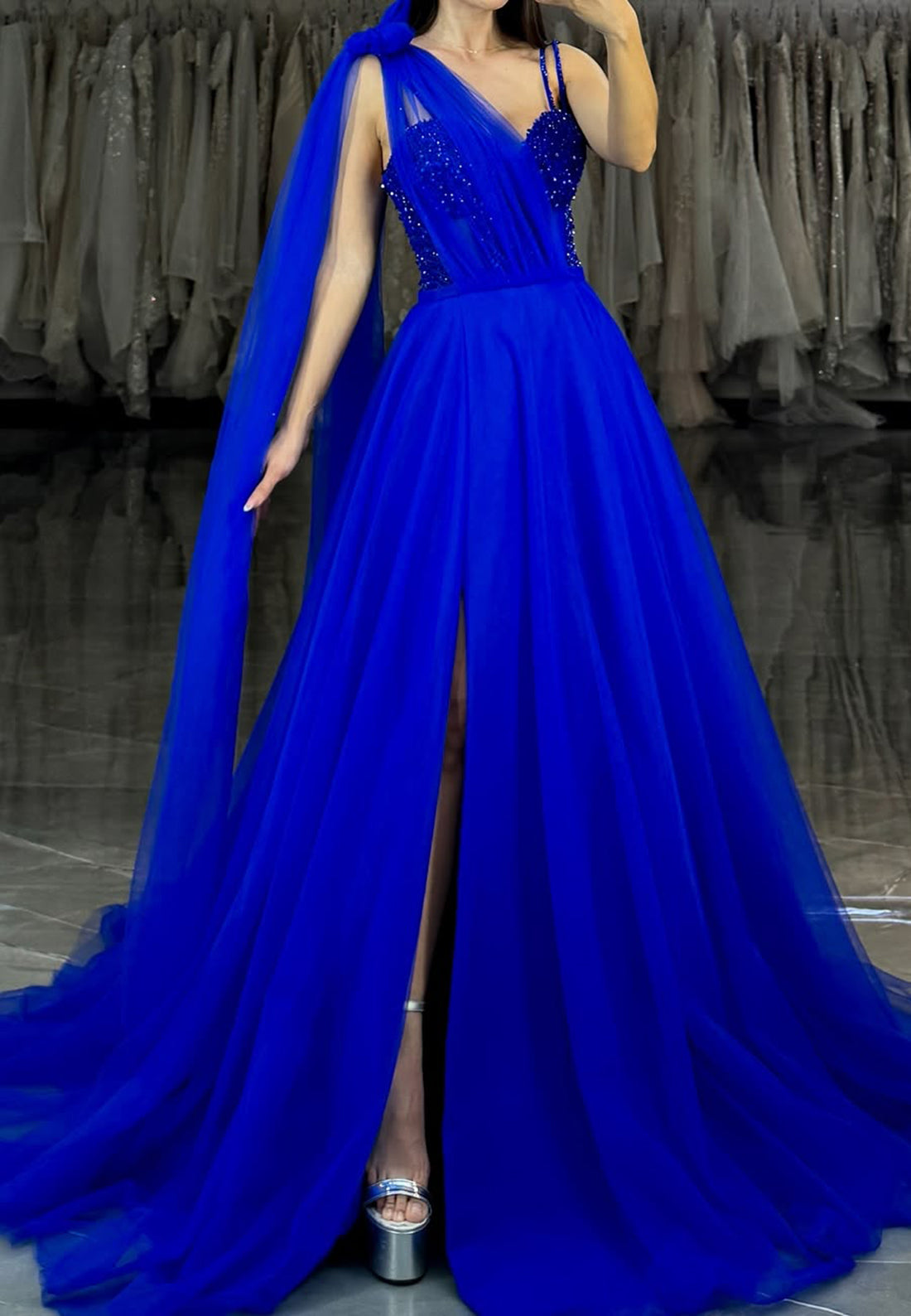 One Shoulder Sleeveless Tulle Pleated Ball Gown Prom Dress