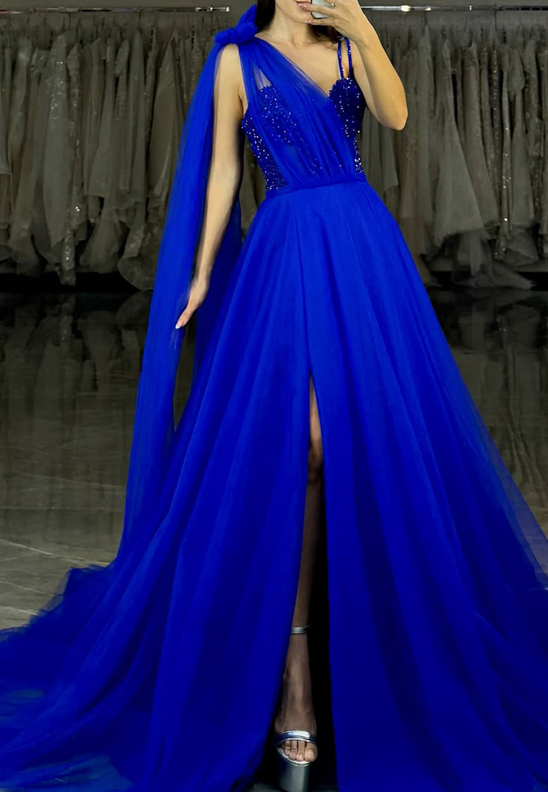 One Shoulder Sleeveless Tulle Pleated Ball Gown Prom Dress