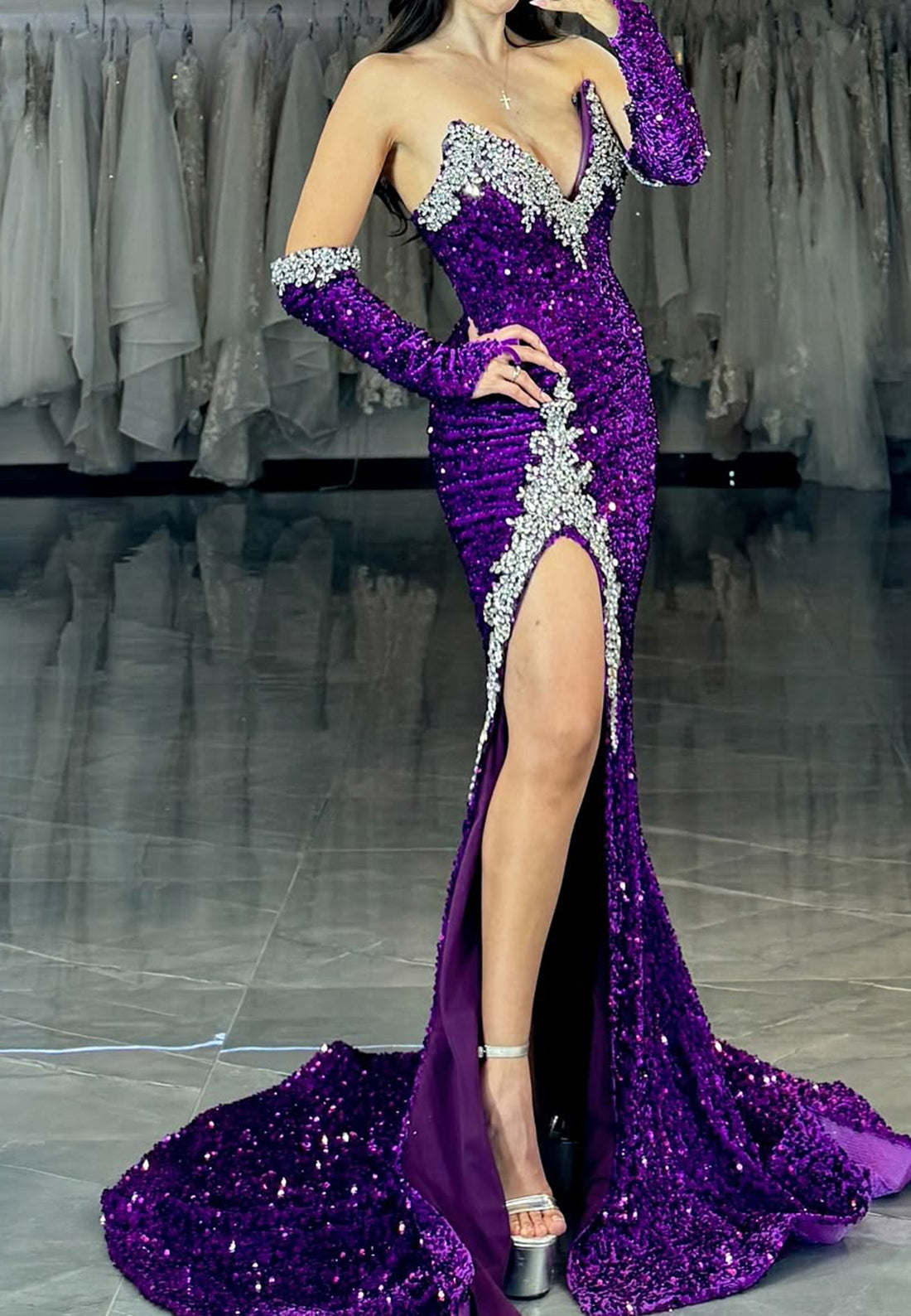 V-Neck Sleeveless Sequins Beaded Side Slit Sheath Prom Dress