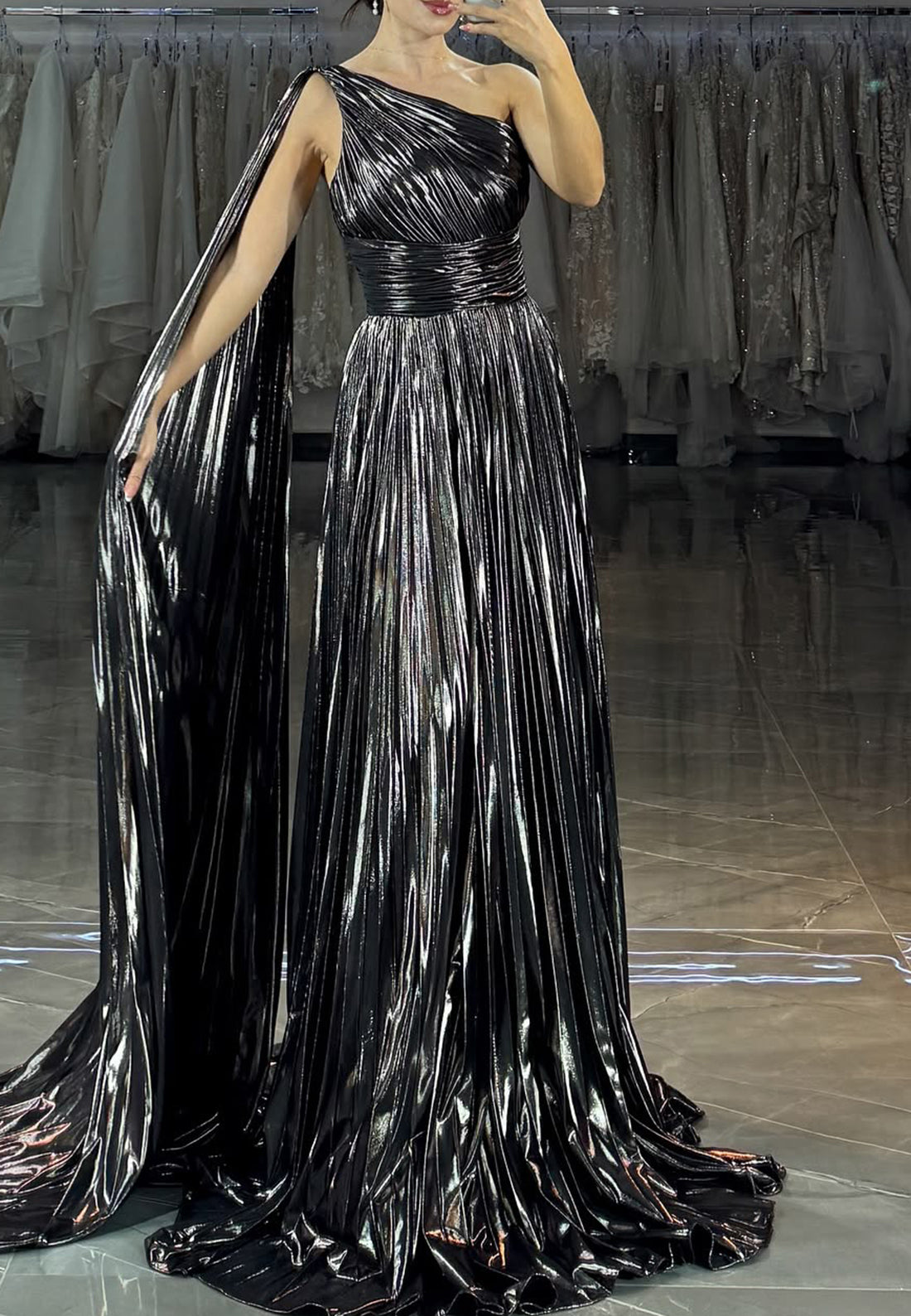 One Shoulder Sleeveless Pleated A-Line Prom Dress