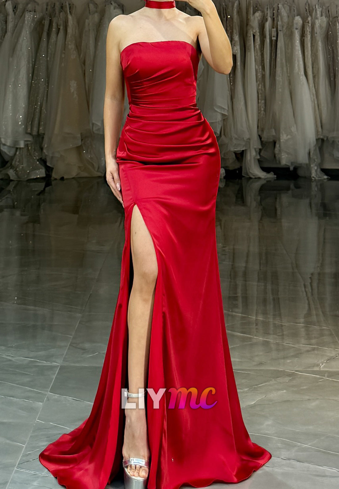 Straight Across Sleeveless Side Slit Mermaid Evening Dress