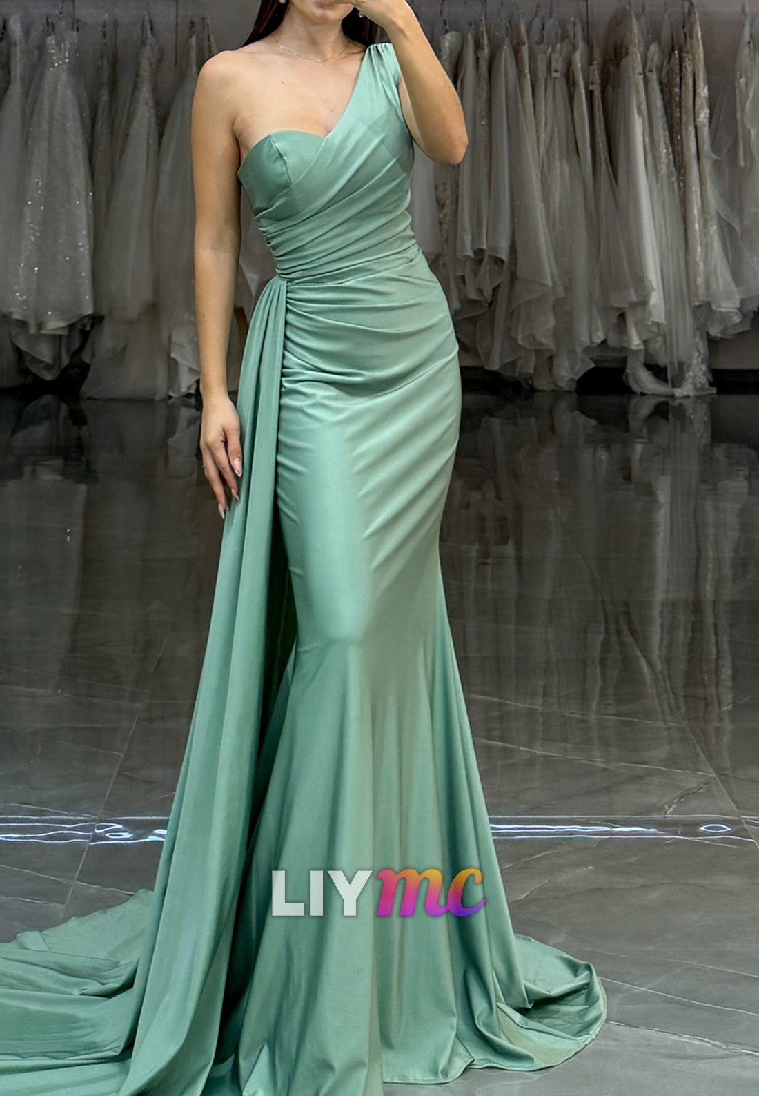 One Shoulder Sleeveless Pleated Sleek Mermaid Simple Formal Dress