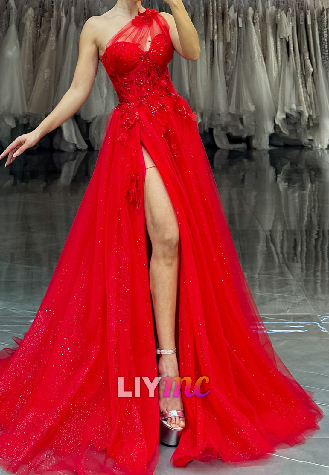 One Shoulder Sleeveless Floral Appliques A-Line Prom Dress