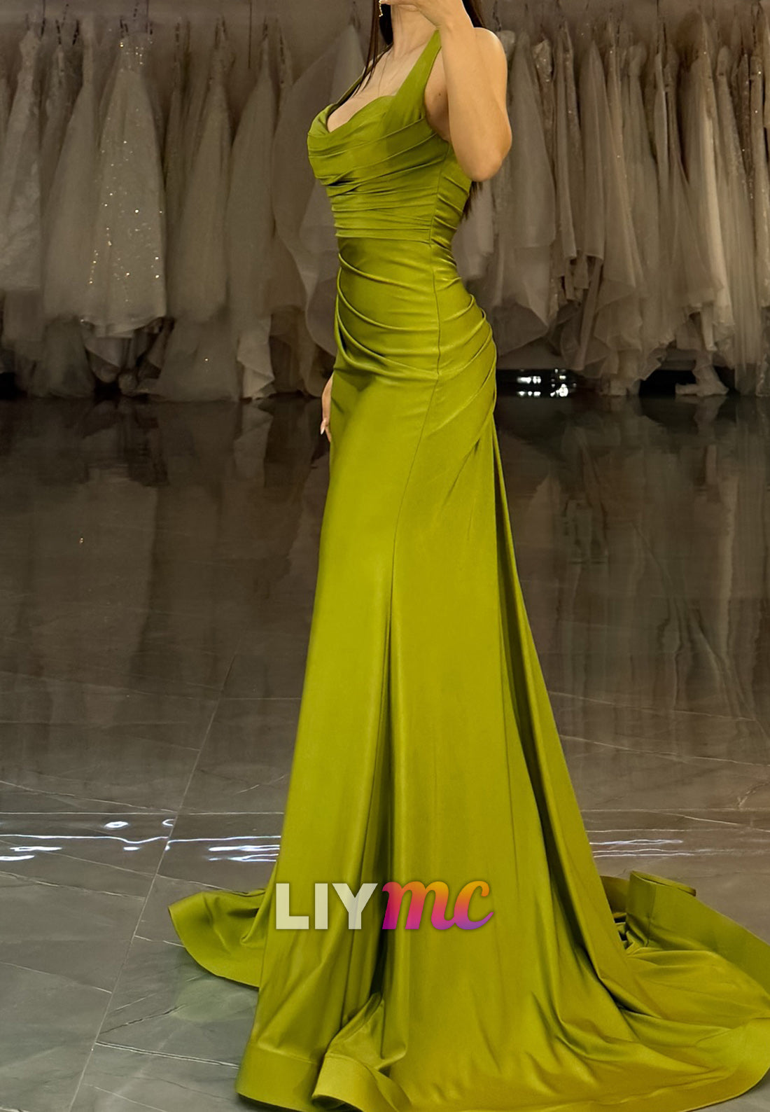 V-Neck Straps Pleated Side Slit Mermaid Simple Prom Dress