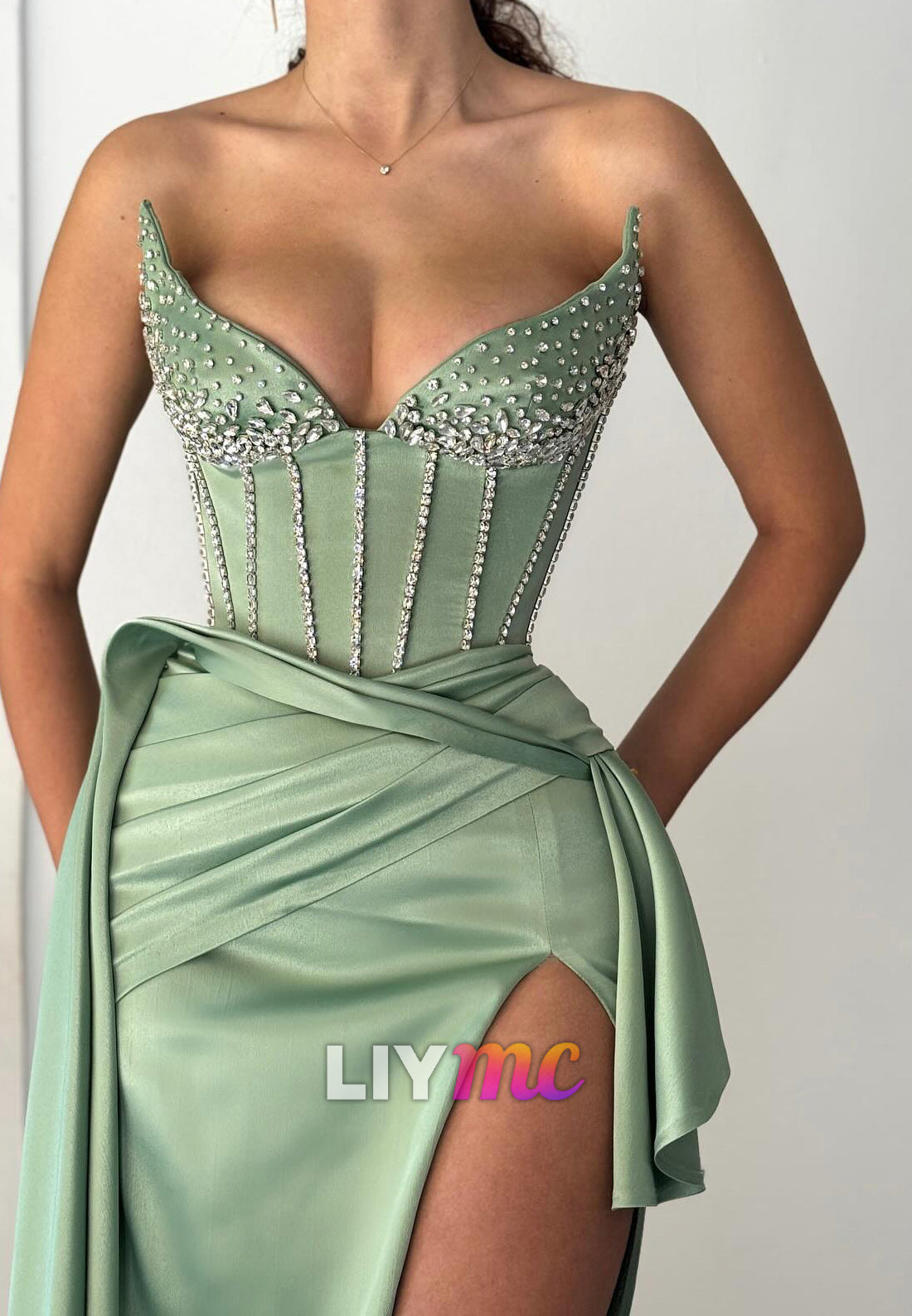 V-Neck Strapless Beaded High Slit Pleated Sheath Prom Dress