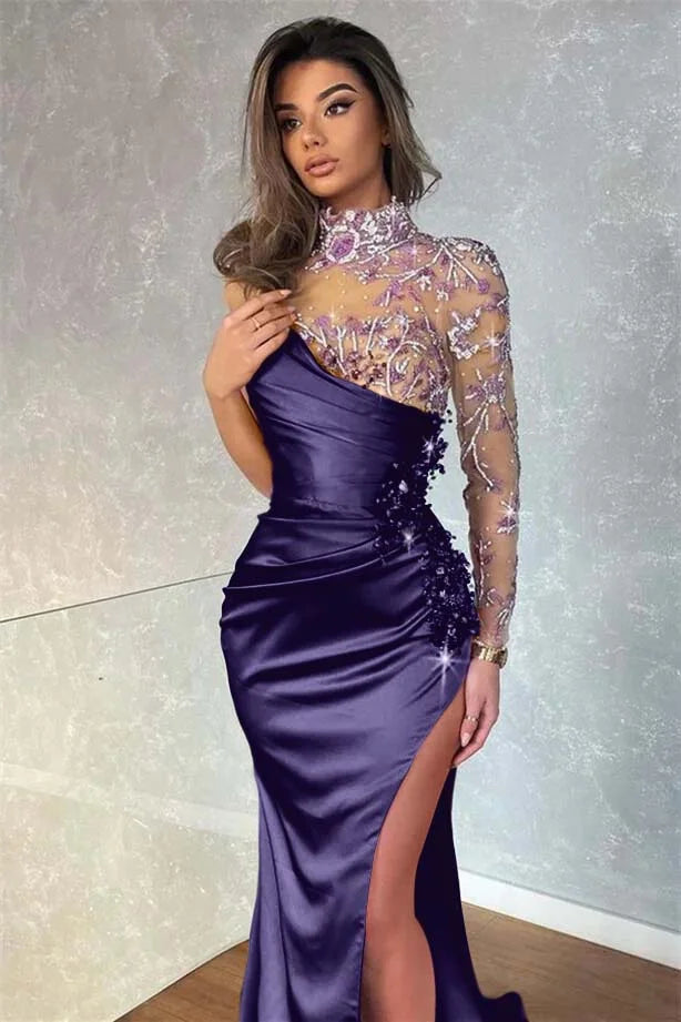 Dark Purple Split Appliques Mermaid High Collar Evening Dress With Beadings