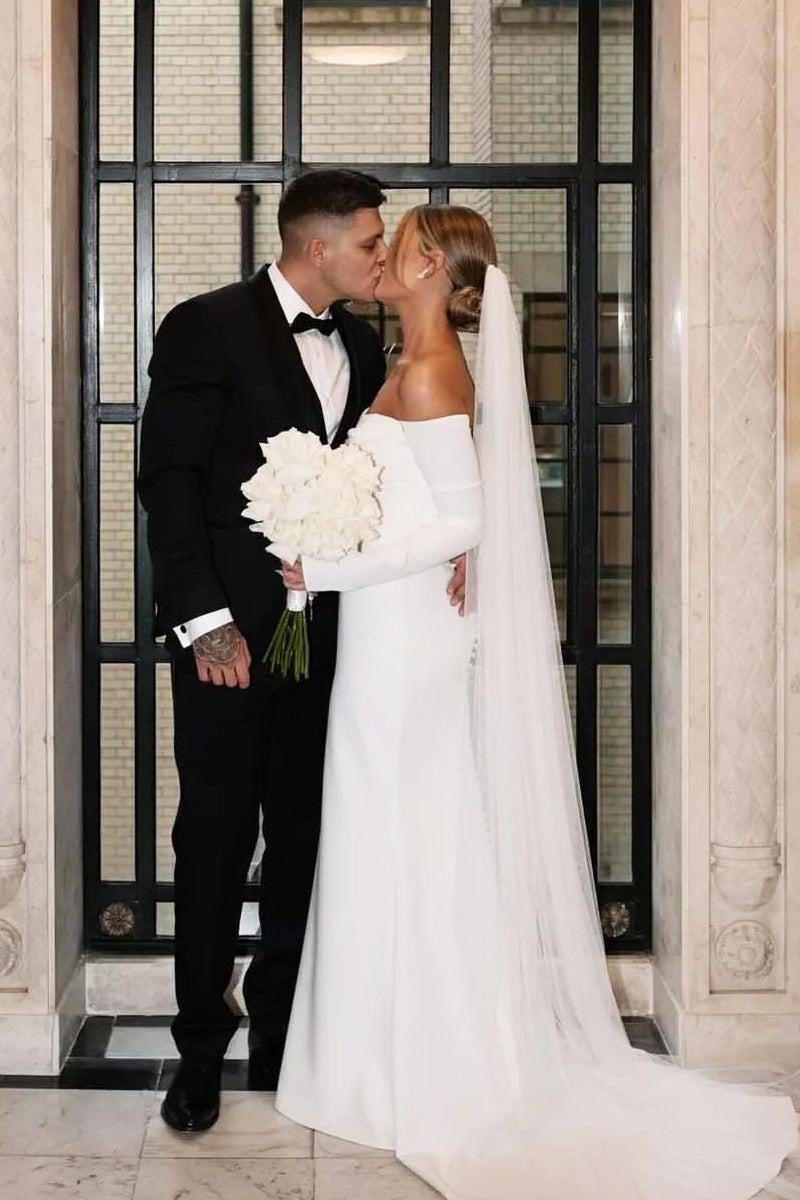 Charming Elegant Mermaid Strapless Elastic Satin Wedding Dresses with Sleeves