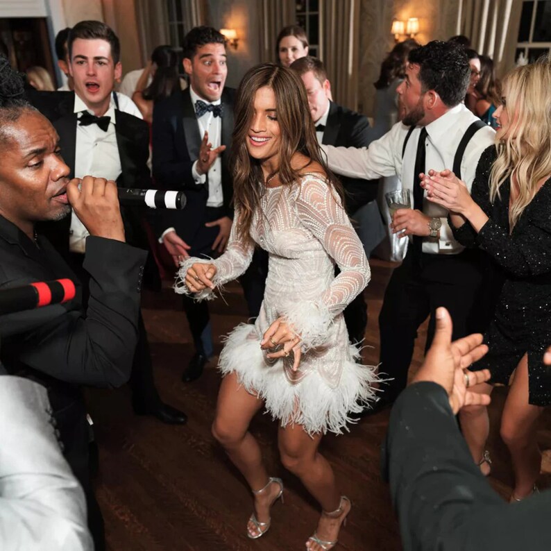 Long Sleeves Boho Mini Wedding Party Dress Simple Illusion Boat Neck Open Back Above Knee