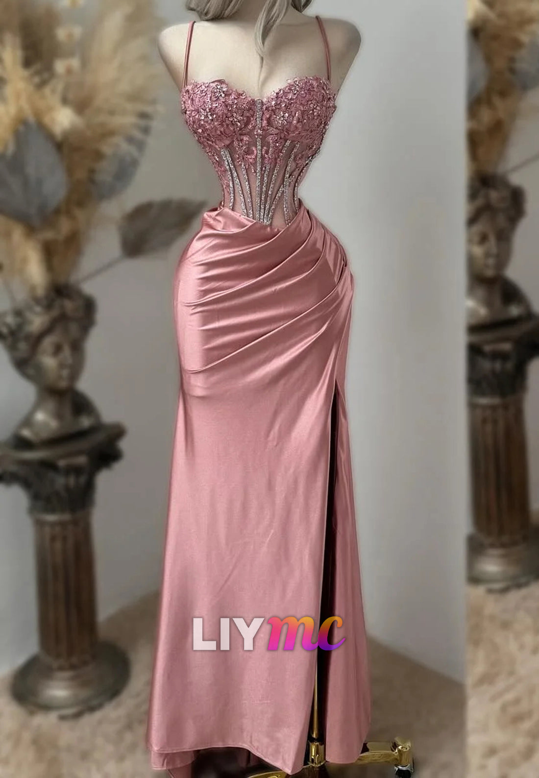Sweetheart Spaghetti Straps Appliques Pleated Sheath Prom Dress