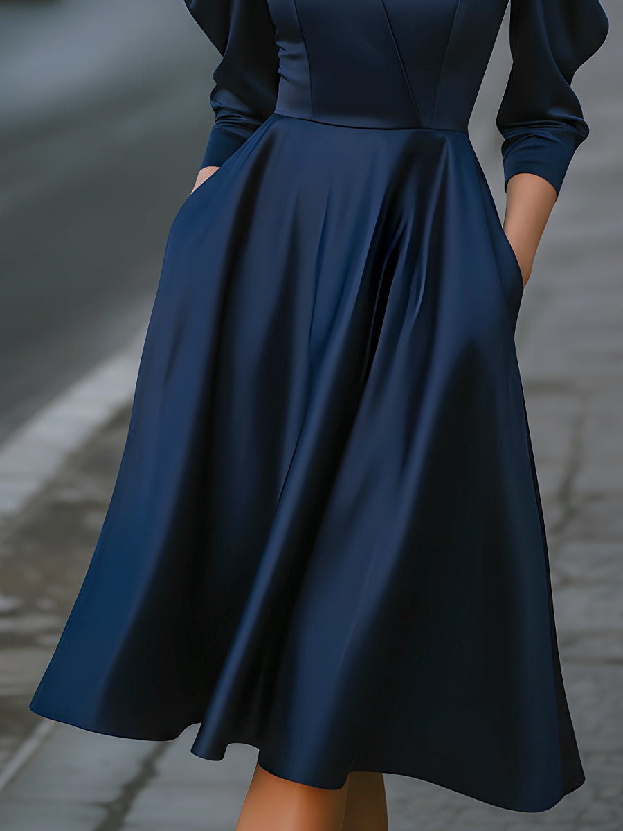 Satin Puff Sleeve V-Neck Dress