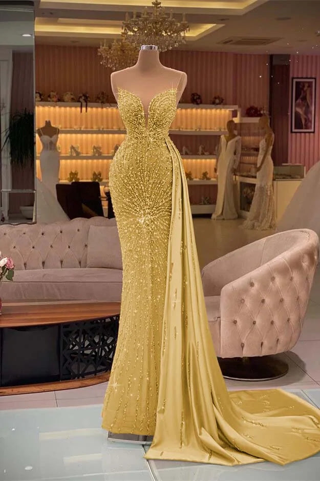 Stunning Gold Sweetheart Sleevelss Mermaid Beadings Evening Dress Ruffle With Rhinestone
