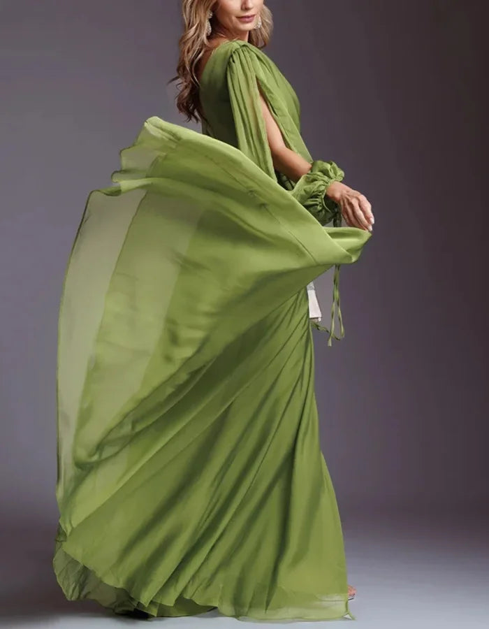 Elegant Chiffon Solid Color Long Sleeve Maxi Dress