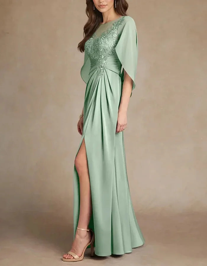 Elegant Eucalyptus Green Cape Sleeve Evening Dress with Lace Details